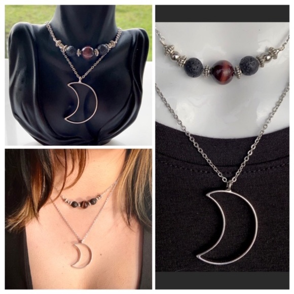 Red tiger eye & lava rock beads moon necklace - Picture 2 of 12